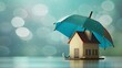 © The Little Hut - Renters home insurance or mortgage protection concept with a 3D house model under a blue umbrella : Generative AI