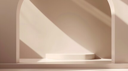 Leinwandbilder - Empty Studio 3d exhibition background  pastel creamy beige stage with soft natural abstract diagonal window light and shadows Minimal architectural scene for product mock up Front view : Generative AI