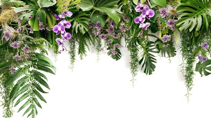 Poster - Tropical plants bush with tropical rainforest tree with epiphytes creeper plants Staghorn fern Birds nest fern hanging Dischidia succulent plant and purple Vanda orchid flowers on whit : Generative AI