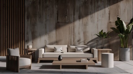 Aufkleber - Modern minimalist living room with textured wall and wooden accents : Generative AI
