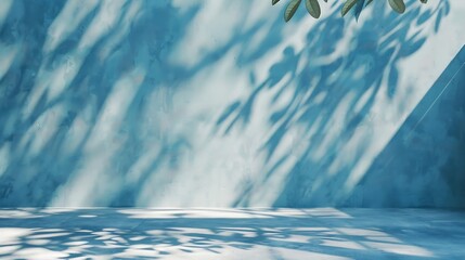 Aufkleber - Empty blue room studio with shadow of leaves on concrete wall and floor for product presentation Sunlight effect shadow Minimal summer backdrop Cosmetic beauty and fashion showroom : Generative AI