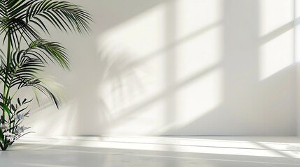 Aufkleber - Abstract white studio background for product presentation Empty room with shadows of window and flowers and palm leaves  3d room with copy space Summer concert Blurred backdrop Banner : Generative AI