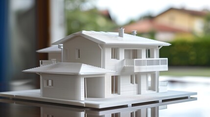 Poster - Two floors model of the family house printed on a 3D printer with white filament by FDM technology for architectural use : Generative AI