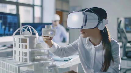 Aufkleber - Technology futuristic virtual reality design Team Architect or Engineer designer wearing VR headset for BIM technology working together design 3D model building in office : Generative AI