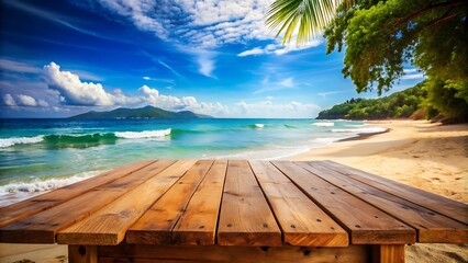 Wooden Table on Tropical Beach.