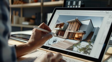 Male 3D designer using digital tablet computer and pencil and creating interior of house in professional design application while working on project remotely : Generative AI