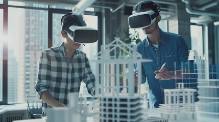 Aufkleber - Technology futuristic virtual reality design Team Architect or Engineer designer wearing VR headset for BIM technology working together design 3D model building in office : Generative AI