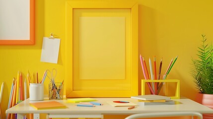 Poster - Creative desk in kids room with yellow frame mock up plant and notebooks note on the wall and many yellow and orange supplies : Generative AI