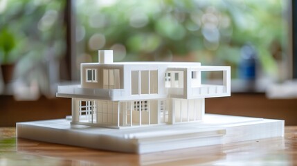 Poster - Model of the house printed on a 3D printer with white filament by FDM technology for architectural use : Generative AI