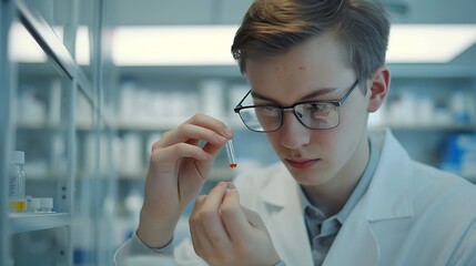 Poster - A young man in a lab coat examines a capsule with focus in a laboratory setting : Generative AI