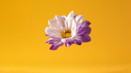Poster - Beautiful fresh white and purple Dahlia flower falling in the air isolated on yellow background Levitation or zero gravity conception High resolution image : Generative AI