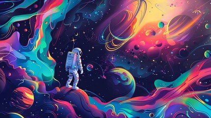 Wall Mural - A colorful space scene with a man in a spacesuit standing on a rocky surface