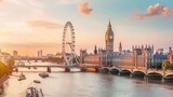 Majestic London: Aerial View of the London Eye with River Thames and Big Ben - UK Landmarks in a Vibrant Cityscape, Generative Ai
