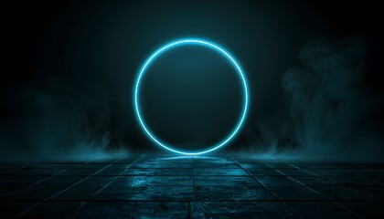 Wall Mural - blue circle neon ring on dark background