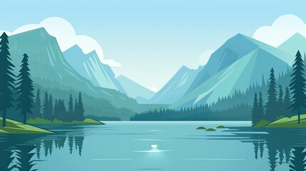 Tranquil mountain lake landscape with lush green pine trees and snowcapped peaks