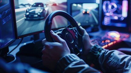 Gamer playing pc game with racing wheel controller. Race simulator with steering wheel. copy space for text.