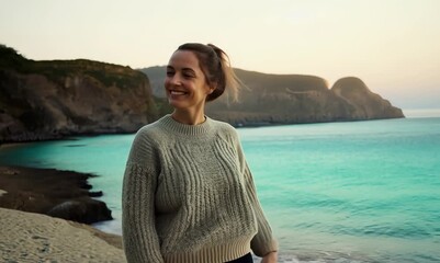 Wall Mural - Environmental portrait video of a pleased woman in her 30s wearing a cozy sweater against a lagoon or hidden beach background