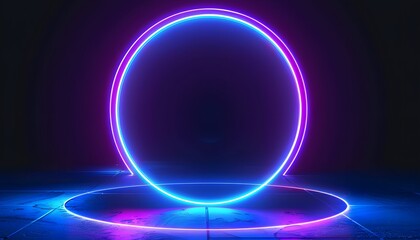 Wall Mural - blue circle neon ring on dark background