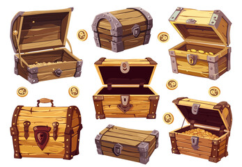 Wall Mural - Wooden chest for gold set with opened and closed lid. Pirate treasure old box full of shining golden coins and empty. Isolated vector clipart collection