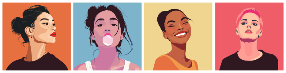 Sticker - Young beautiful woman portraits square posters set. Different hairstyles and skin color. Cheeky funny modern teenager girls. Youth generation. Minimalism cartoon vector style