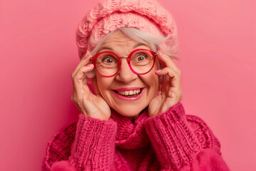 Happy smiling senior woman wearing sunglasses, pink solid colorful background, space for text / Femme âgée souriante et heureuse avec lunettes de soleil, fond rose, espace pour le texte