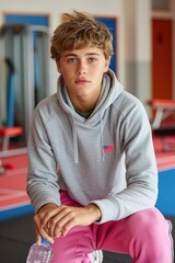 Young Man in Grey Hoodie and Pink Pants Looking at Camera