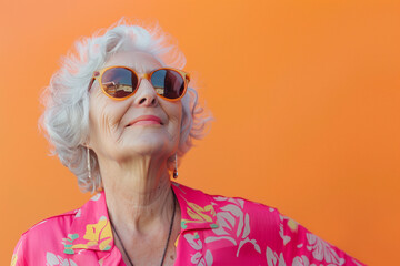 Happy smiling senior woman wearing sunglasses, orange solid colorful background, image with space for text / Femme âgée souriante et heureuse avec lunettes de soleil, fond orange, espace pour le texte