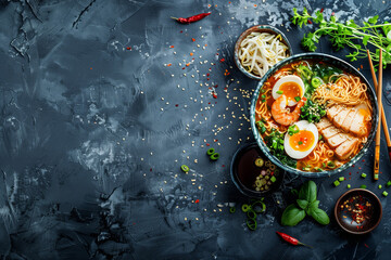 asian ramen photography top down shot, image with space for text, japanese