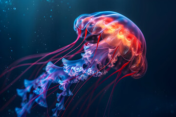 Wall Mural - Bioluminescent jellyfish with glowing tentacles swimming in the deep blue ocean.