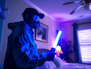 A person holding a glowing blue light in a dimly lit bedroom, creating an eerie and mysterious atmosphere.