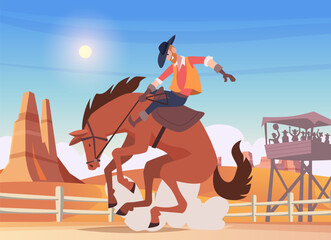 Wall Mural - rodeo. cowboy rides on wild horse rodeo wild west party vector cartoon background