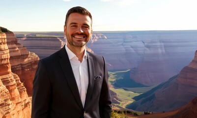 Wall Mural - Group portrait video of a satisfied man in his 50s wearing a sleek suit against a mountain valley or canyon background