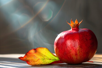 Wall Mural - Pomegranate on a table with leaf