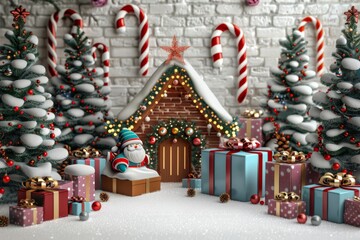 Wall Mural - Bright festive winter Christmas design with decorative elements of a small miniature house. Merry Christmas and Happy New Year background.