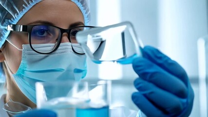 Poster - Caucasian Female Lab Scientist Conducting Experiment With Liquid in Protective Suit and Safety Gear Generative AI