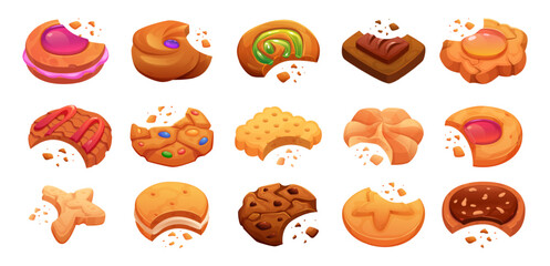 Wall Mural - Bites cookies. Snack dessert with crumbs exact vector cookies in cartoon style