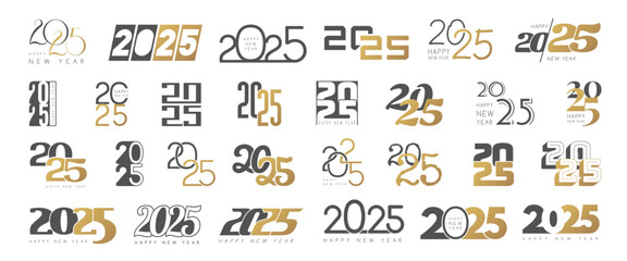 Sticker - 2025 text. New year signs greeting invitation text with drawn numbers 2025 recent vector templates set