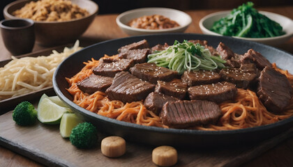 Sticker - korean beef bulgogi with noodles on a plate