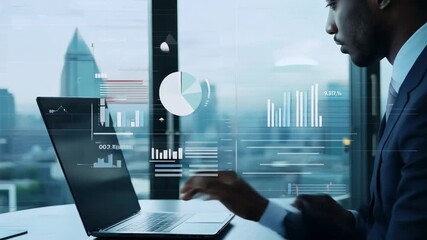 Poster - Businessman Analyzing Financial Data on Laptop in Modern Office Generative AI