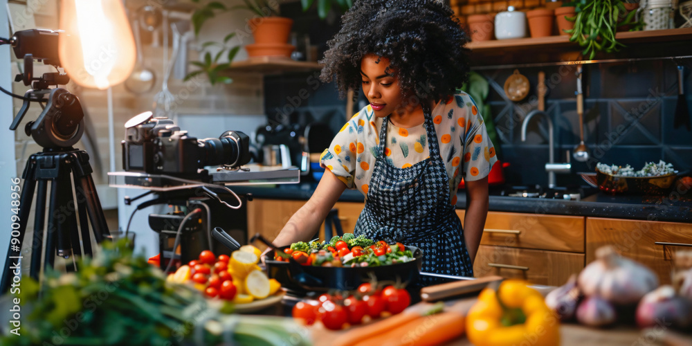 african woman is cooking and filming a recipe in her kitchen. She's ...
