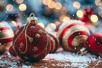 Festive red Christmas ornaments with golden decorations, surrounded by snow and warm holiday lights