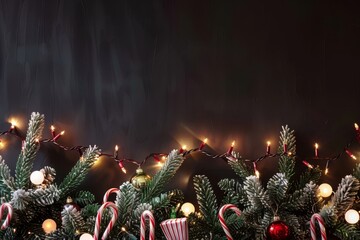 Wall Mural - Cozy Christmas scene with candles and decorations on a pine garland, against a dark background with twinkling lights