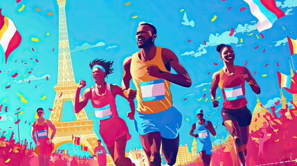 Olympic game Paris 2024 illustration depicting running athletes to finished.