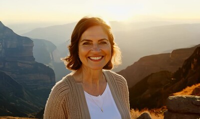 Poster - Lifestyle portrait video of a satisfied woman in her 40s wearing a chic cardigan against a mountain valley or canyon background