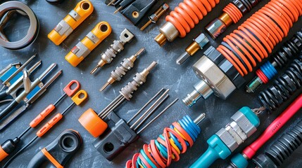 Poster - A flat lay of telecommunications equipment including a fusion splicer patch cords and a punch down tool Stock Photo with copy space