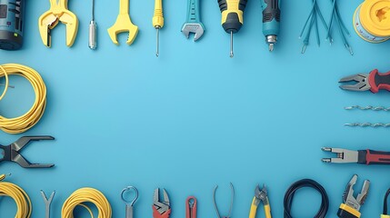 Poster - Flat lay arrangement of telecommunications hand tools like crimping tools cable ties and network cables Stock Photo with copy space