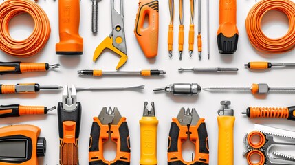 Poster - Flat lay arrangement of telecommunications hand tools like crimping tools cable ties and network cables Stock Photo with copy space