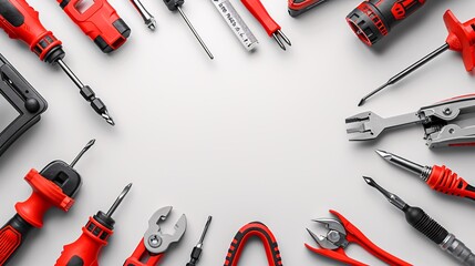 Poster - A well-organized flat lay of telecommunications tools including a cable tracer patch cords and a punch down tool Stock Photo with copy space
