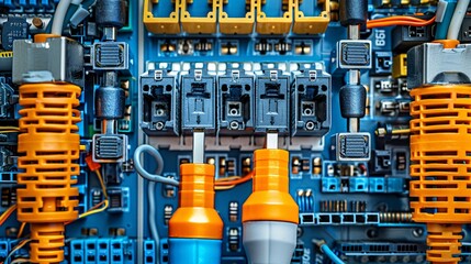 Poster - Top view of essential tools for telecommunications work such as a fiber optic cleaver keystone jacks and a cable tester Stock Photo with copy space