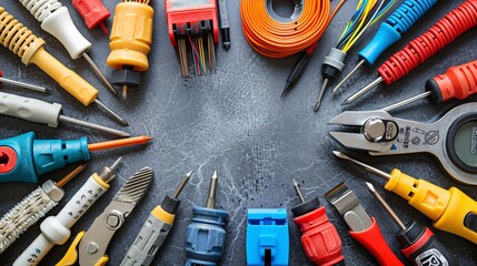 Poster - Flat lay arrangement of tools and materials for telecommunications work such as a cable stripper RJ45 connectors and a multimeter Stock Photo with copy space